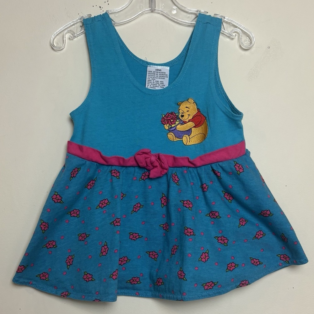 VTG Baby Dress Disney Winnie The Pooh Flowers 18M Pink Bow Trim